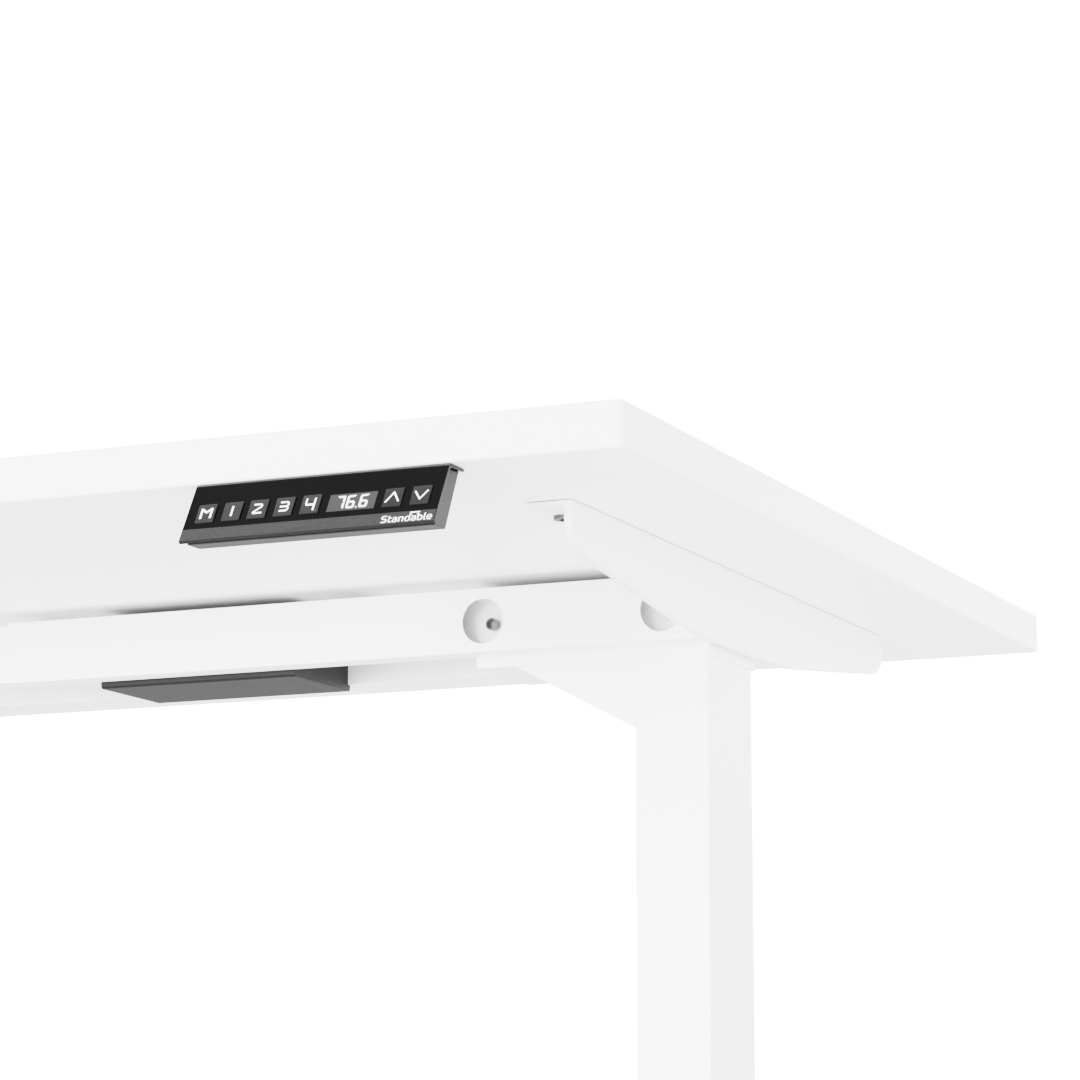 bureau d'angle réglable en hauteur électrique LINUS+, piètement blanc, 180  x 180 cm, gris 