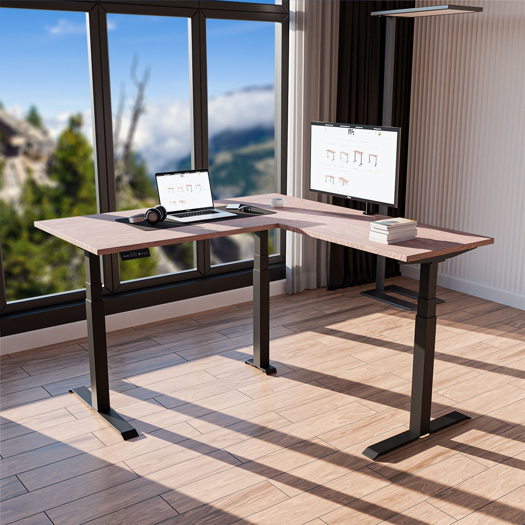 Elektrisk højdejusterbart skrivebord i l-form