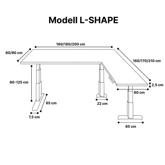 Standable Hjørnebord i L-form dimensioner